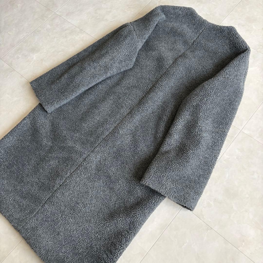 LOUNIE フェイクボア ノーカラーロングコート グレー 36 裏地付