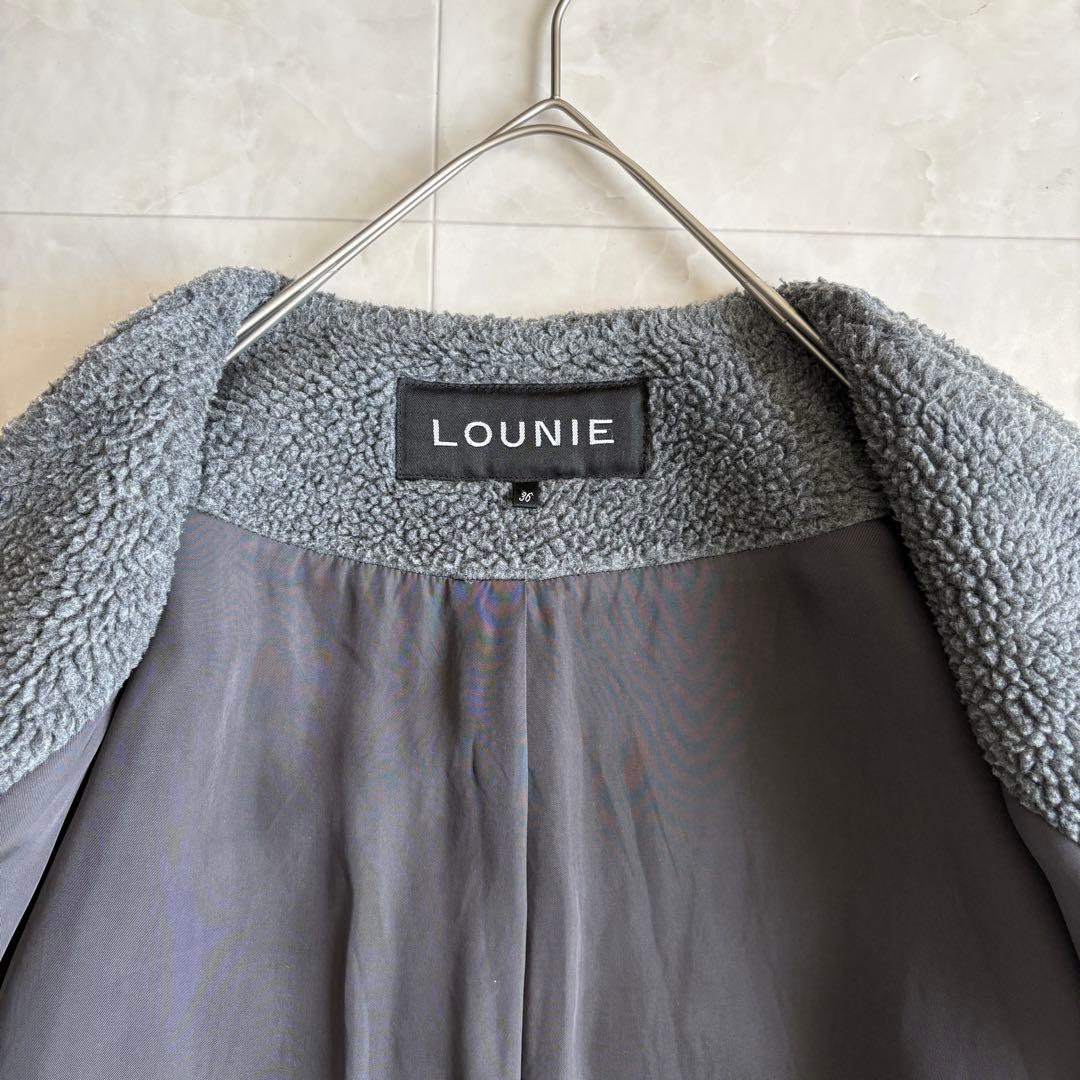 LOUNIE フェイクボア ノーカラーロングコート グレー 36 裏地付