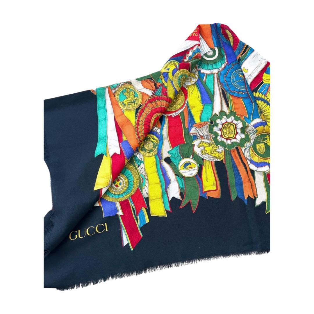 美品　GUCCI グッチ イタリア製 大判ストール ロゼット リボン柄 ブラック