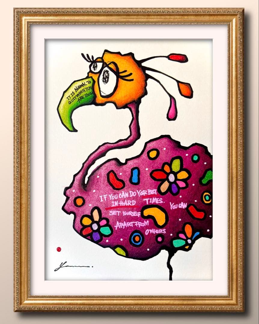 に*け様 「 逃げることをやめたフラミンゴ 」｜絵画 原画 抽象画 動物画