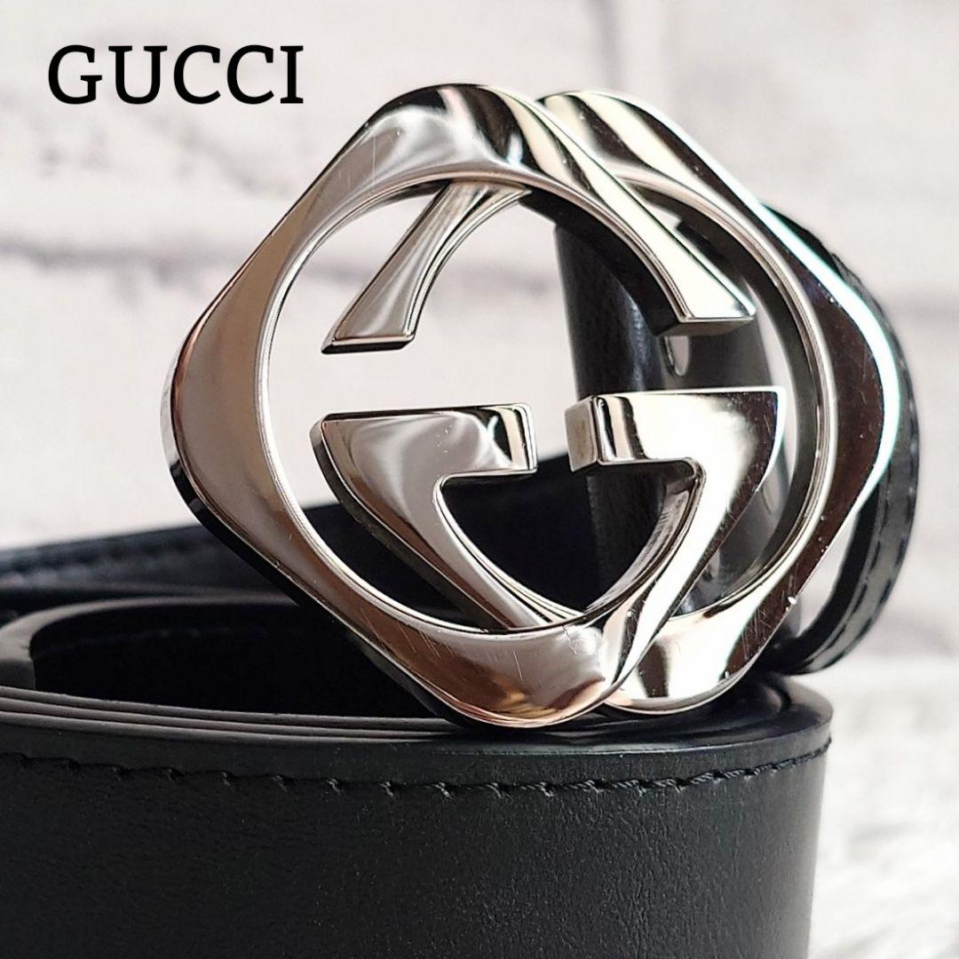 グッチ インターロッキング シルバー バックル ベルト 黒 メンズ レザー