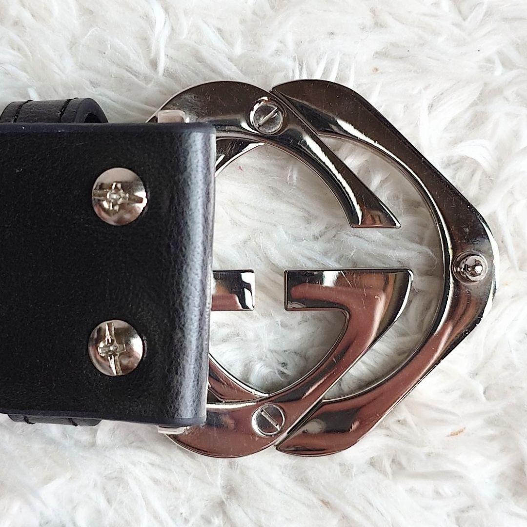 グッチ インターロッキング シルバー バックル ベルト 黒 メンズ レザー