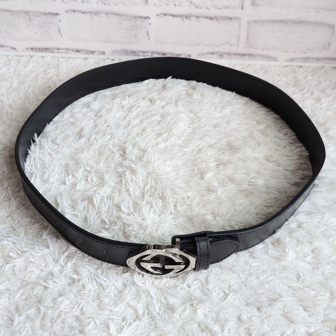 グッチ インターロッキング シルバー バックル ベルト 黒 メンズ レザー