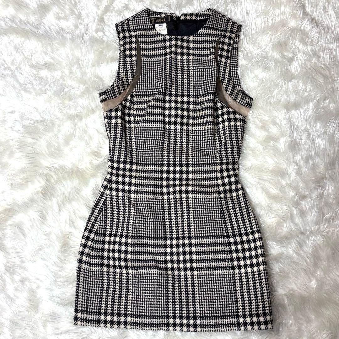 ヴェルサーチ レース切替 ウール 千鳥格子 ミニワンピース ドレス