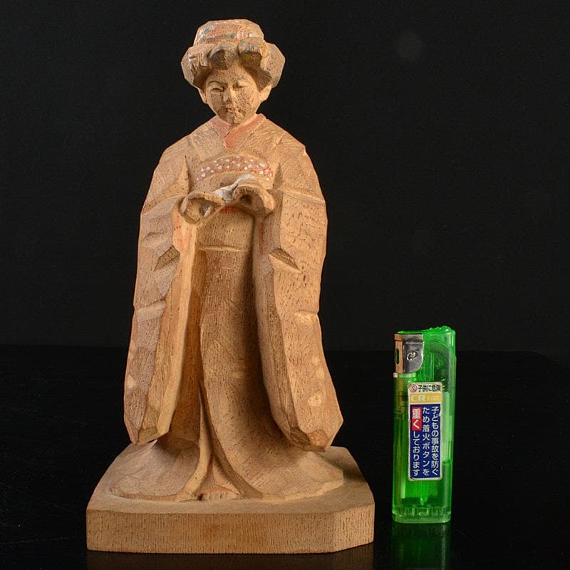 平安　野呂天潤作　木彫彩色　舞妓　置物　共箱　V　R6596