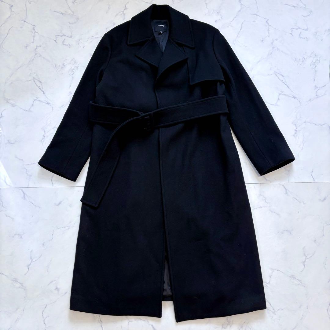 美品 Theory 2023年 ウール トレンチロングコート 黒 クリーニング済