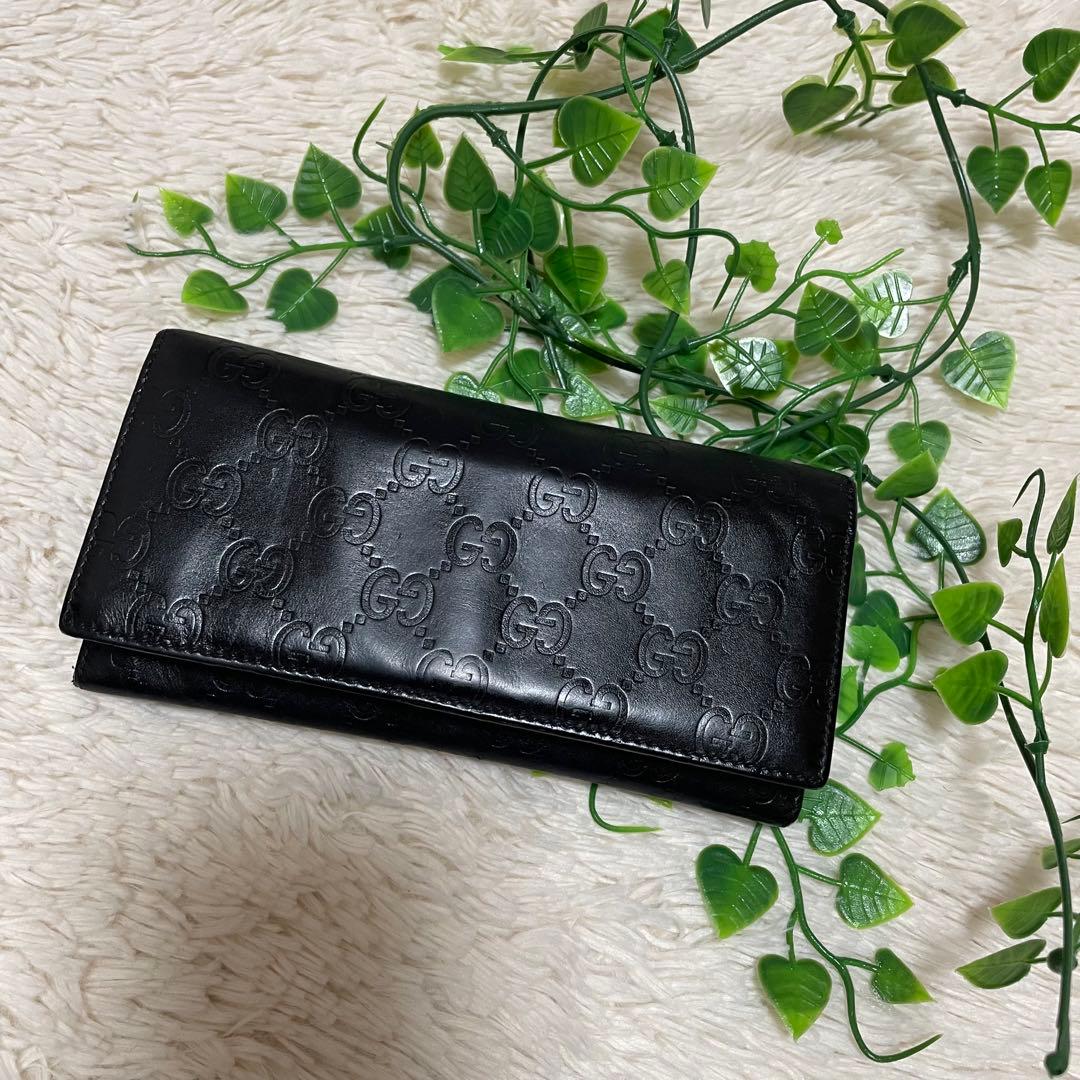GUCCI グッチ 長財布 GG柄 シマ 総柄 オールレザー 黒 ブラック