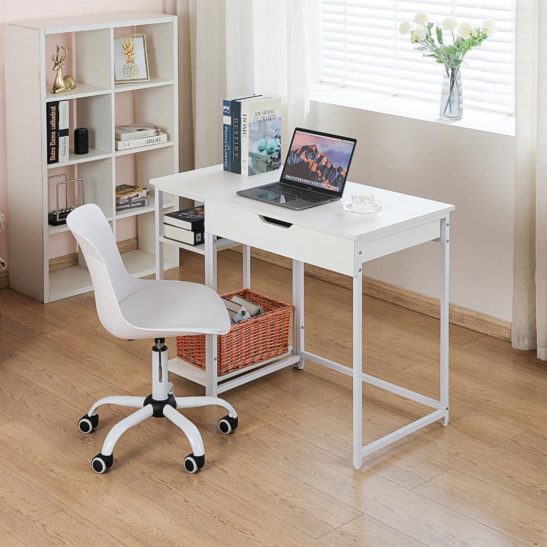 【ホワイト】パソコンデスク 一体分割両用 引き出し付き　収納ラック付き 木製