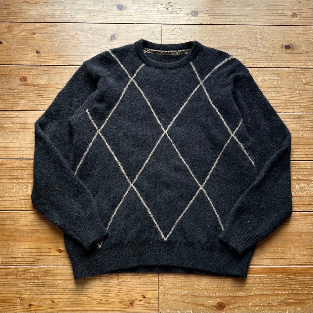 希少 80s~90s メリノウール ダイア柄 シャギー クルーネック ニットの