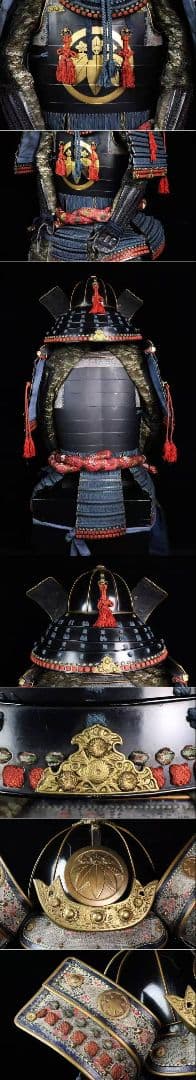 豪商旧家蔵出 五三桐家紋入大鎧 時代甲冑 二枚胴具足 大袖大身鎧 前立 陣羽織