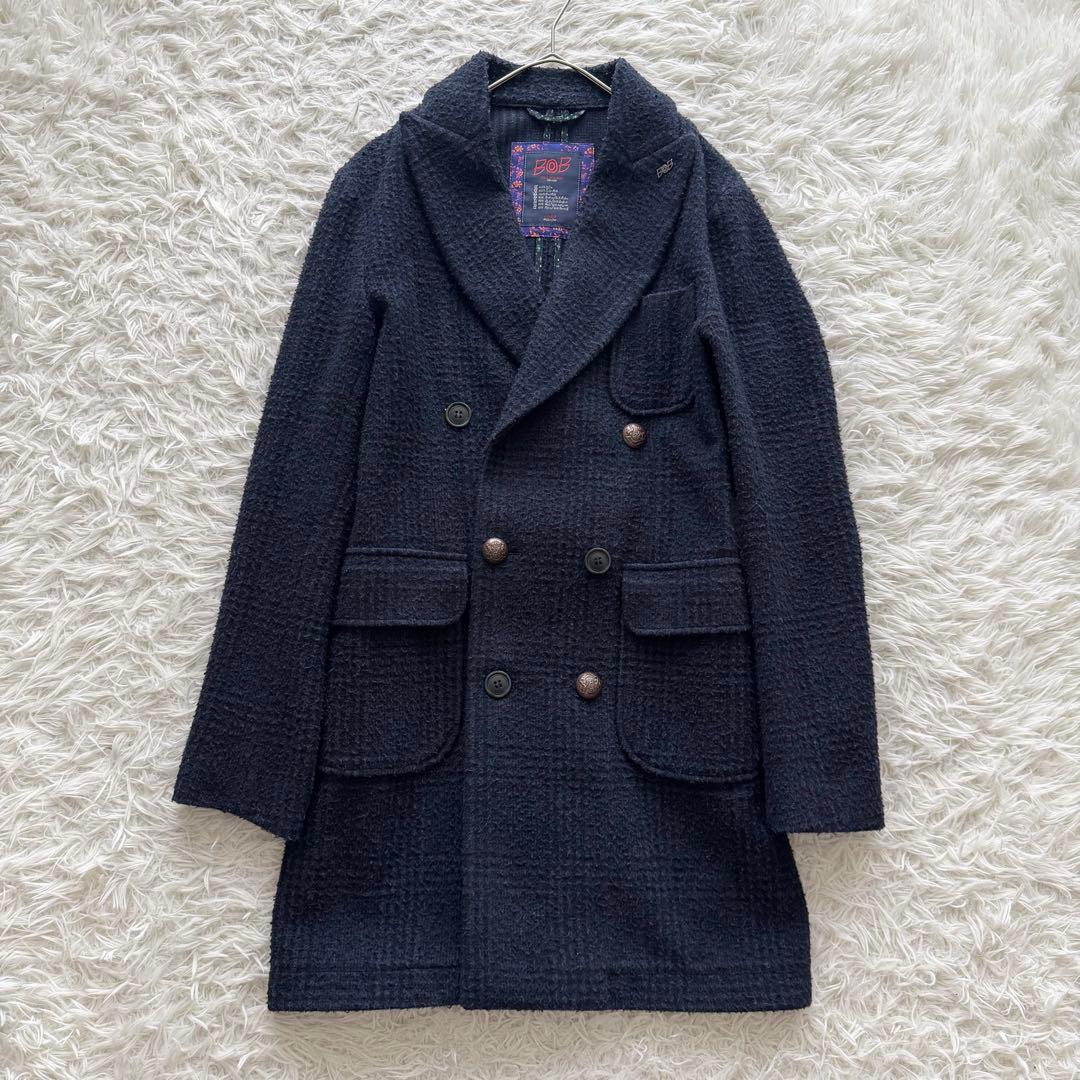 BOB ボブ】チェスターコート ロング ダブル チェック柄 紺 金ボタン M