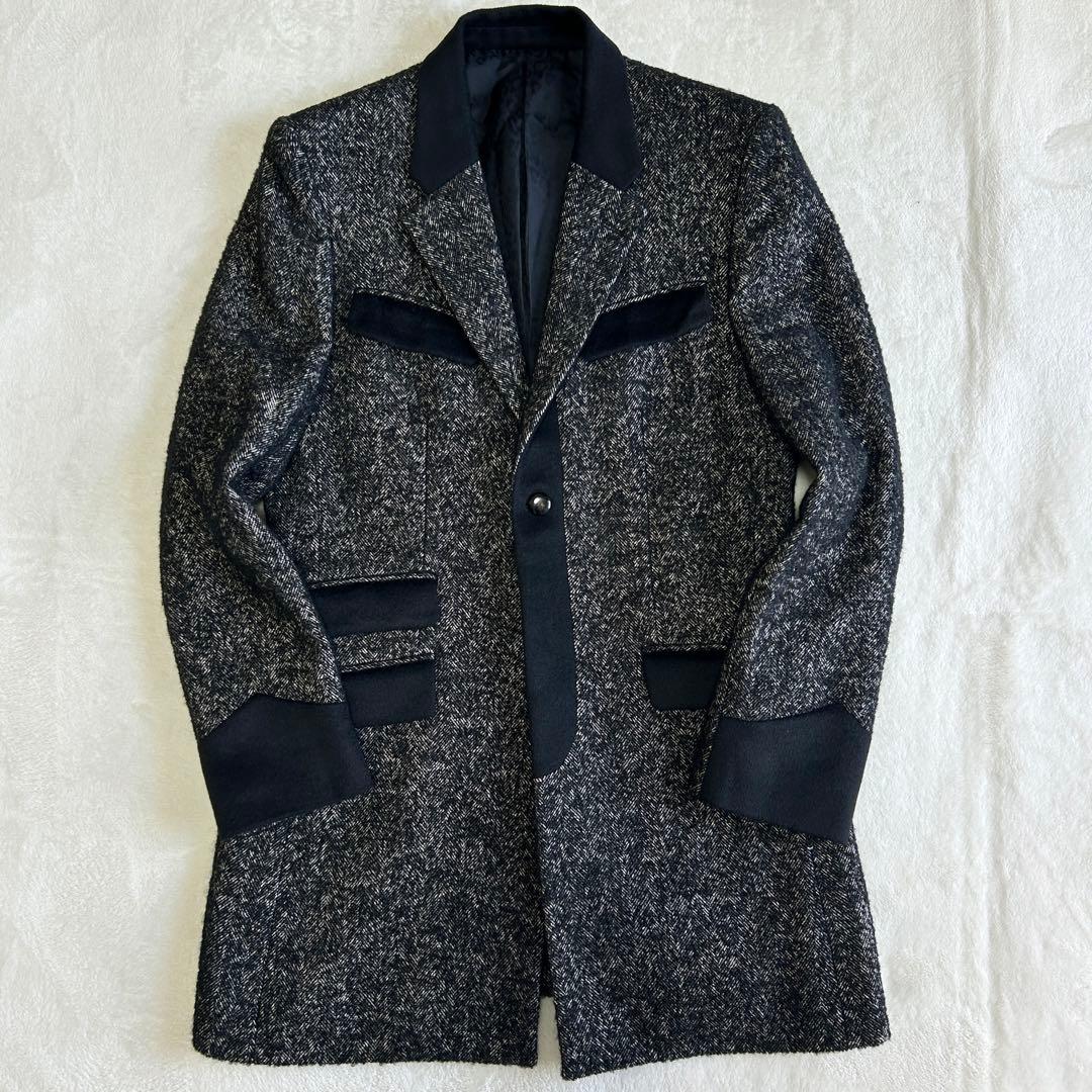 希少 美品 タケオキクチコレクション ツイードウール チェスターコートMアンゴラ