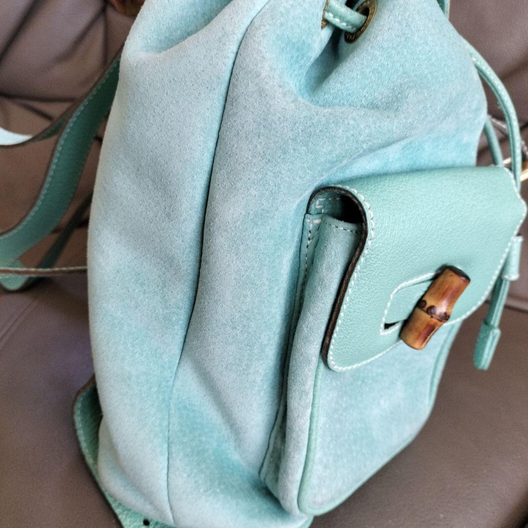 美品　GUCCI　 レザー　バンブーハンドル付きリュック　水色　ビンテージ　希少