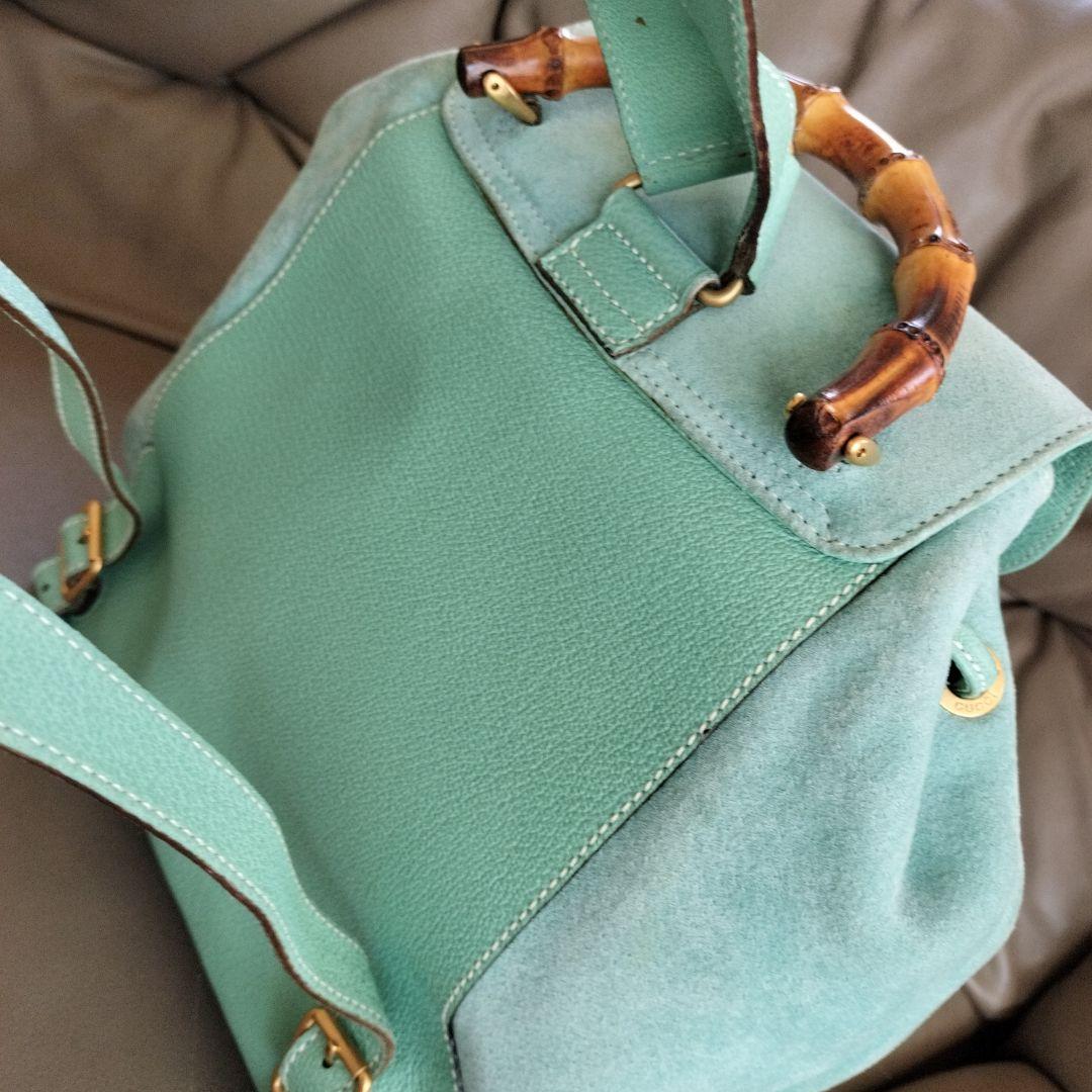 美品　GUCCI　 レザー　バンブーハンドル付きリュック　水色　ビンテージ　希少