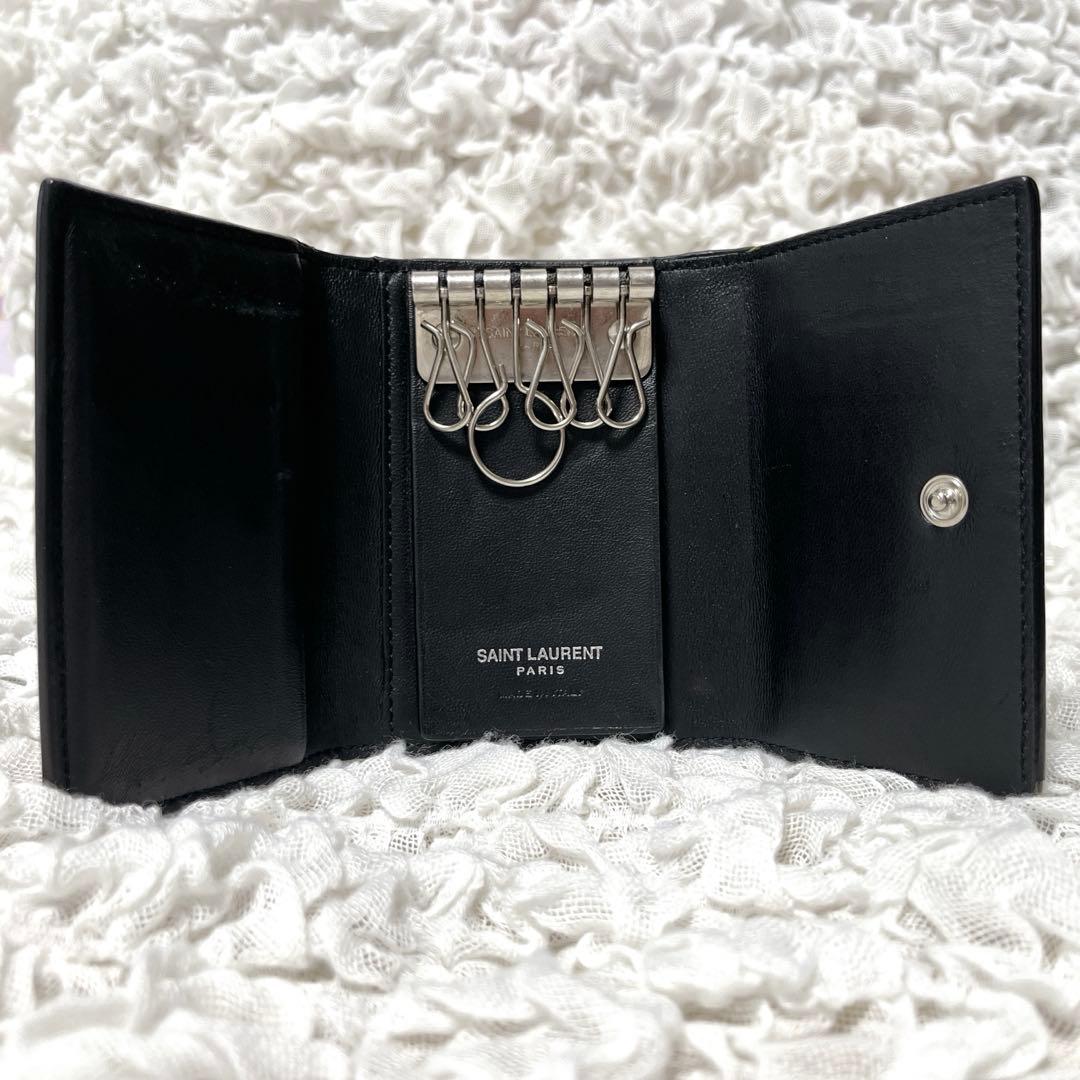 サンローラン 6連 キーケース キーフック ロゴ クロコ型押しレザー ブラック