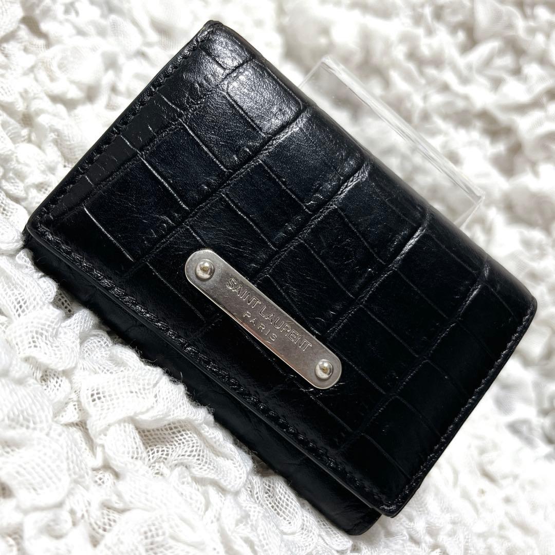 サンローラン 6連 キーケース キーフック ロゴ クロコ型押しレザー ブラック