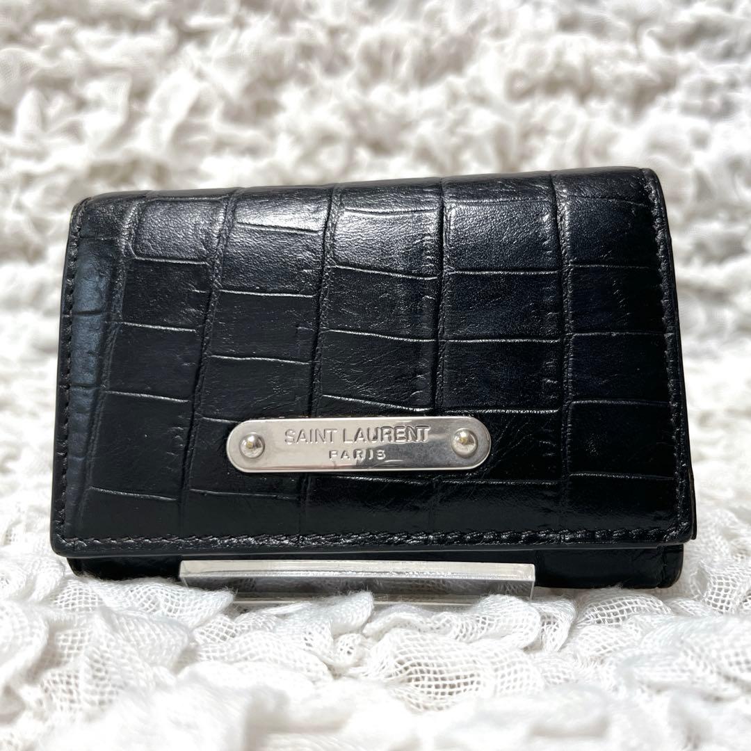 サンローラン 6連 キーケース キーフック ロゴ クロコ型押しレザー ブラック