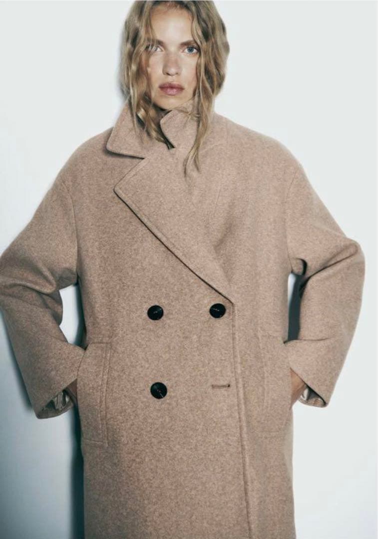 ZARA ベージュ ダブルブレスト ロングコート - メルカリ