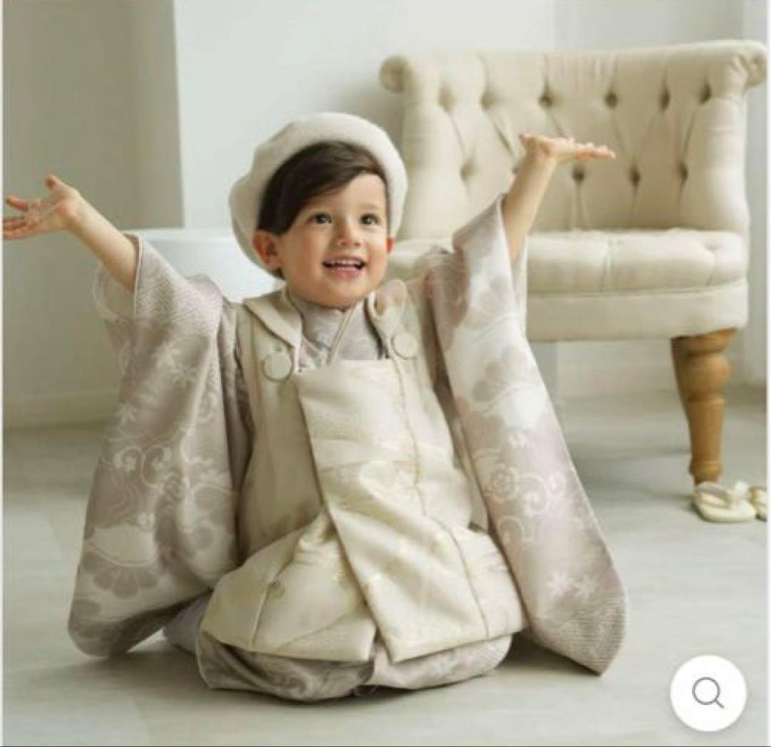 utataneひよこ商店七五三３歳用被布コートセット男の子ベージュ金彩×松文様