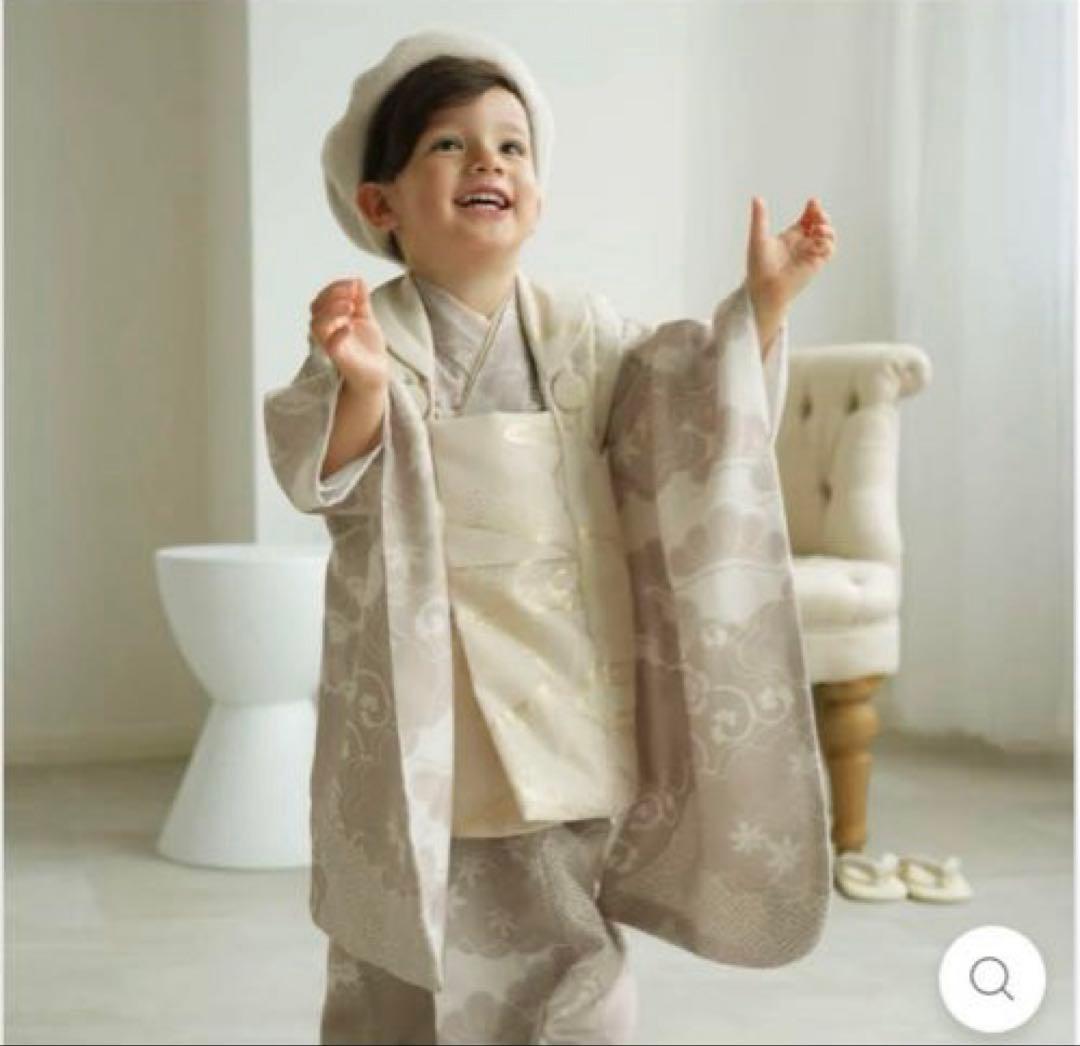 utataneひよこ商店七五三３歳用被布コートセット男の子ベージュ金彩×松文様