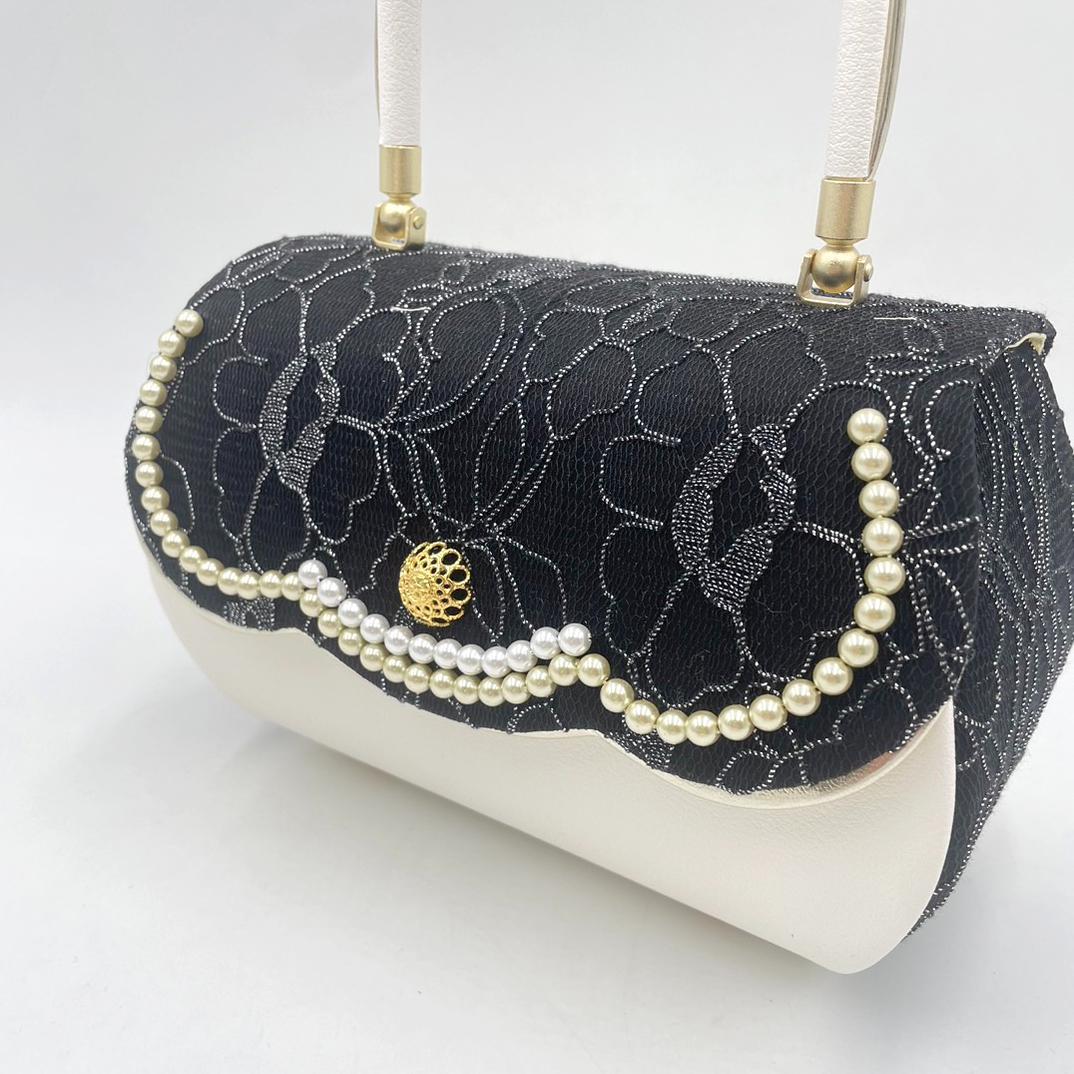 豪華ビーズパール刺繍 本格カブセ 振袖バッグ草履セット ブラック