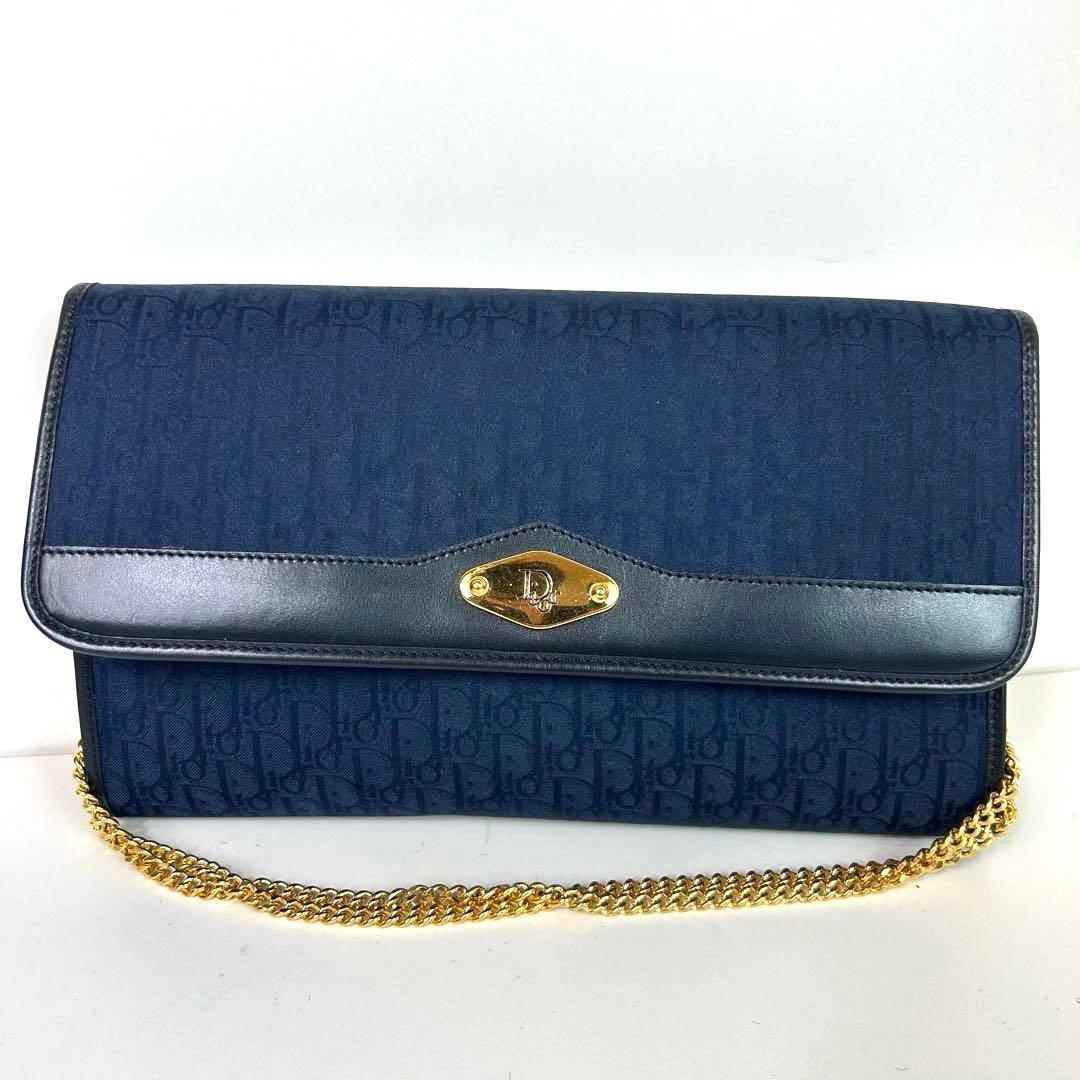 【美品】クリスチャンディオール ショルダーバッグ トロッター チェーン ネイビー