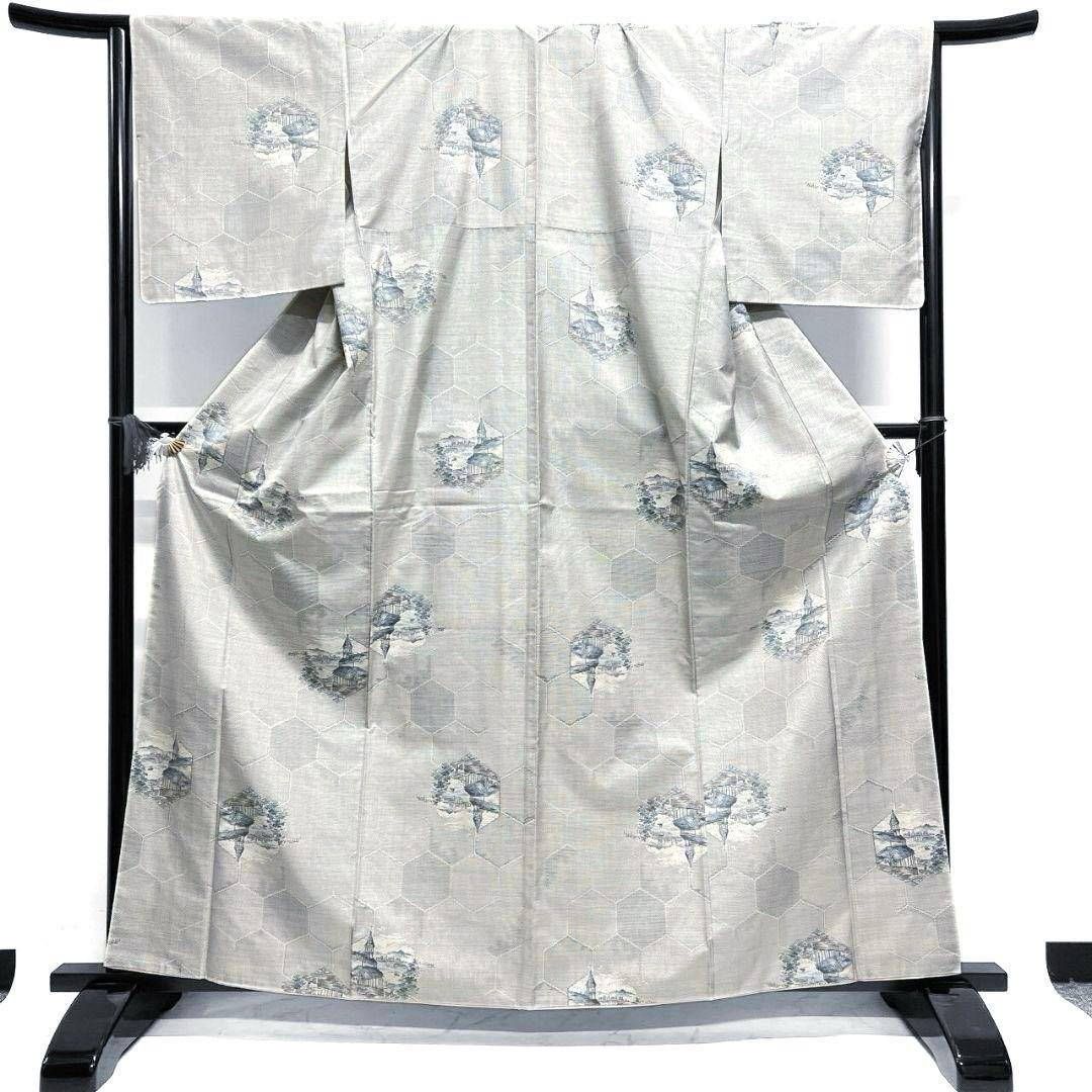 小紋　都喜ヱ門　本場大島紬　手織り　白大島紬　亀甲　街並み　着物　044a p