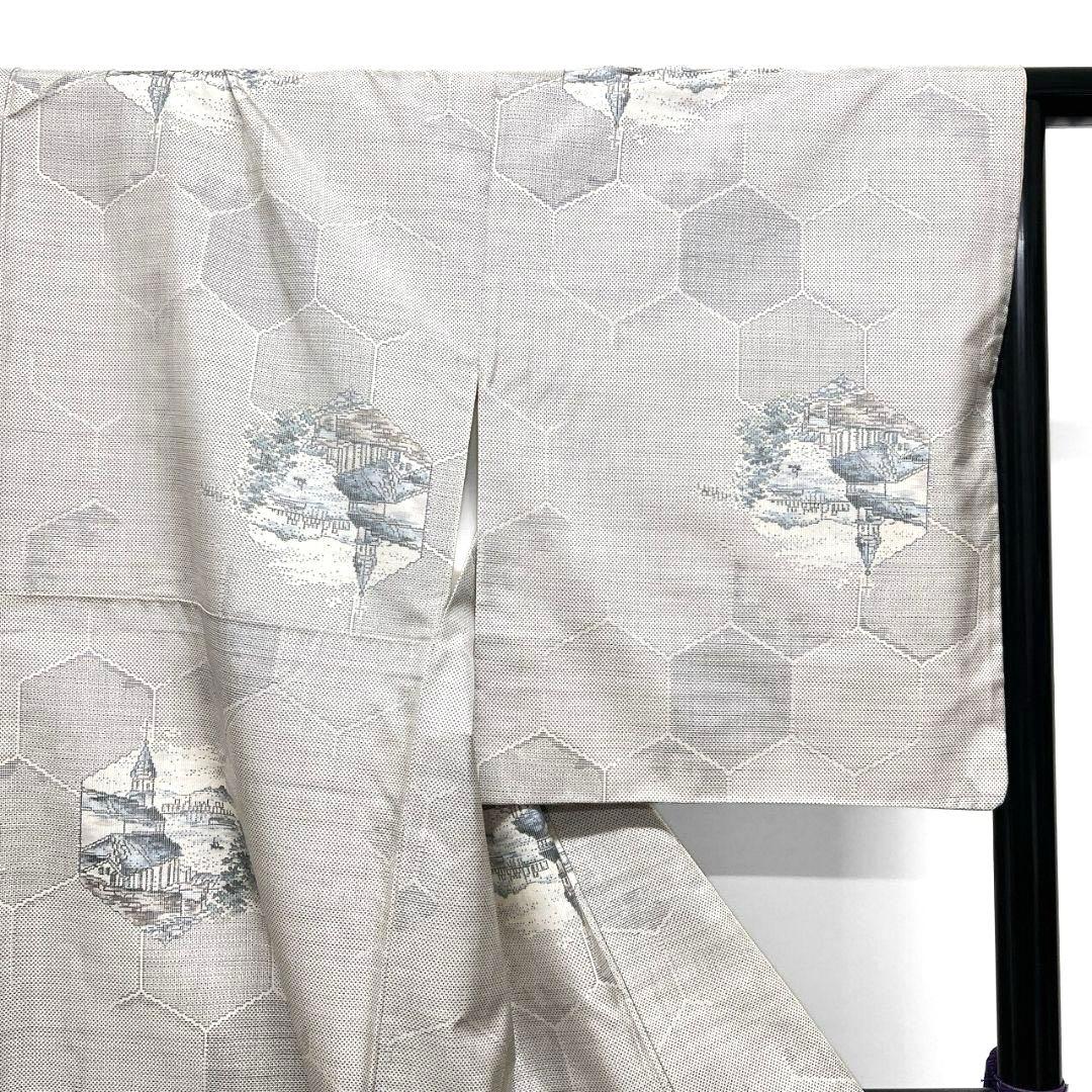 小紋　都喜ヱ門　本場大島紬　手織り　白大島紬　亀甲　街並み　着物　044a p