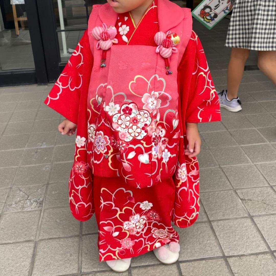 《七五三》3歳 正絹お着物セット 正絹被布 草履 バッグ 髪飾り付き