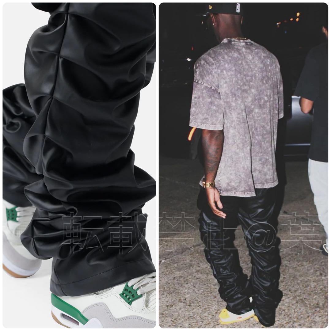 日本未入荷 mnml スーパースタックレザーパンツ ブラックレザーデニム