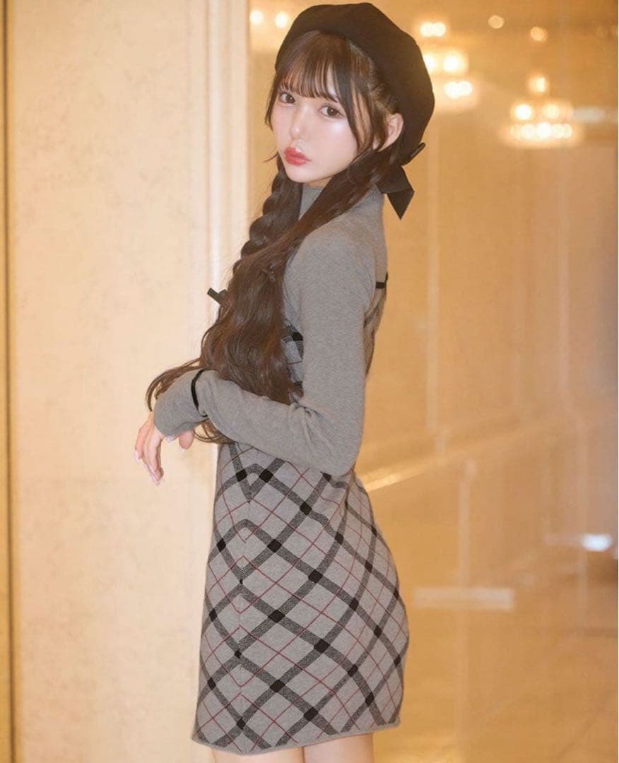 MichellMacaron デコルテオープンチェックニットワンピ XS セ