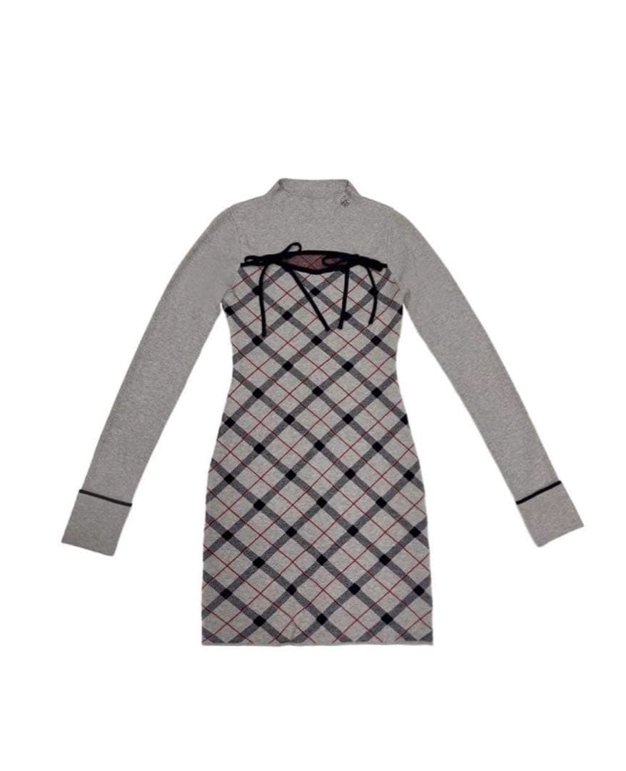 MichellMacaron デコルテオープンチェックニットワンピ XS セ