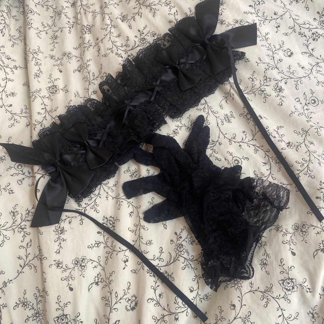 中華ロリータ　ロリィタ　ブラック　コスプレ　セットアップ　パニエ&ヘッドドレス