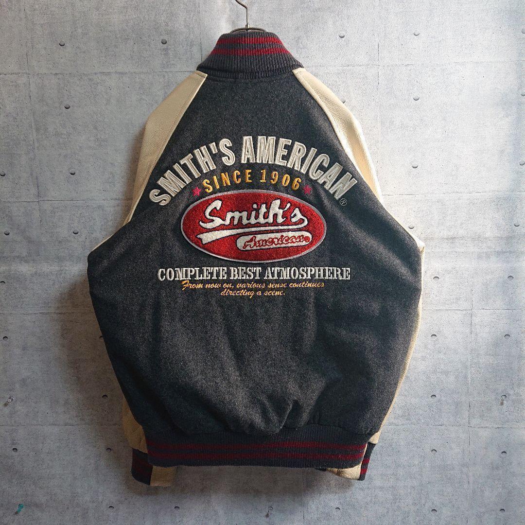 スミスアメリカン★パイルロゴ アームレザー スタジャン 灰 ベージュ L相当