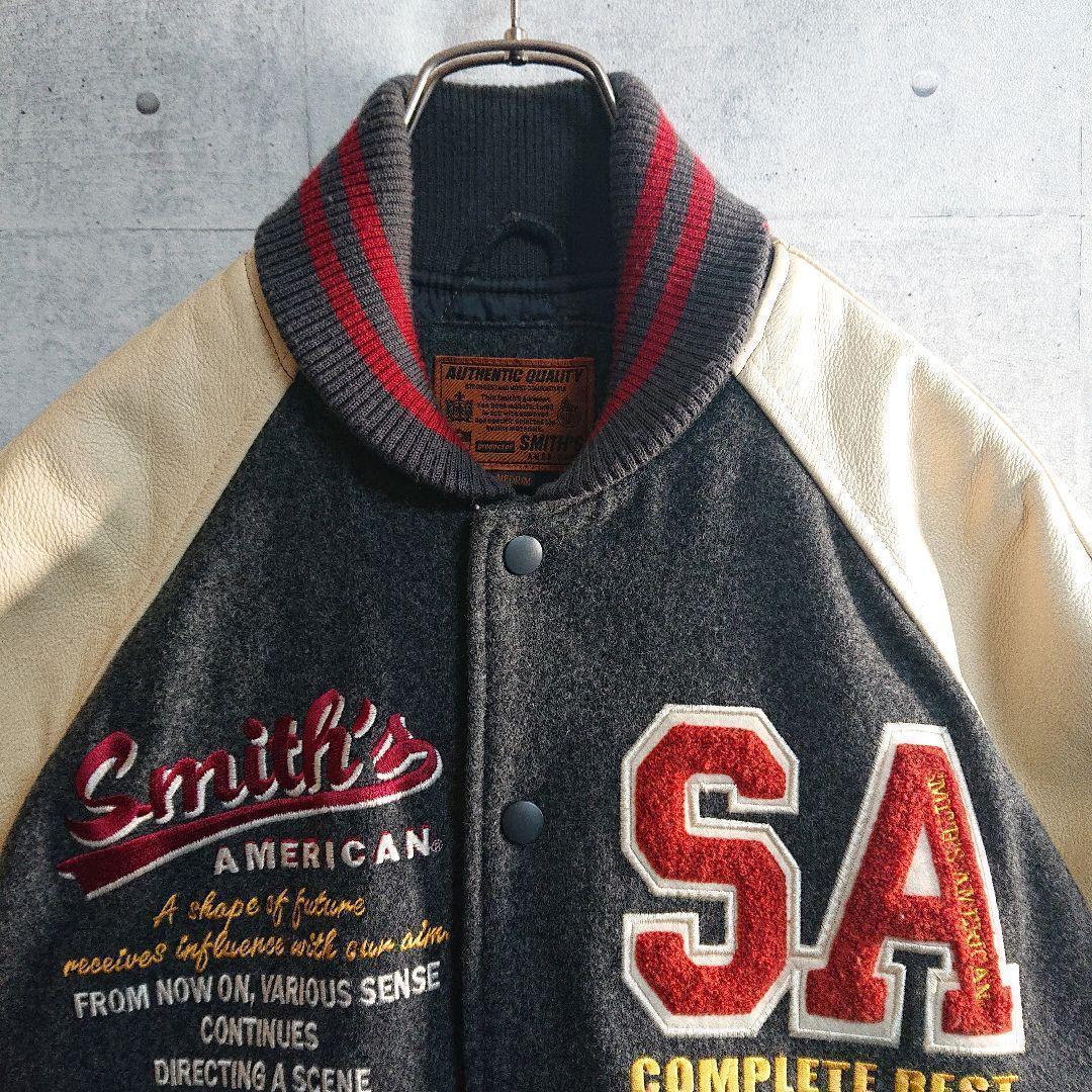 スミスアメリカン★パイルロゴ アームレザー スタジャン 灰 ベージュ L相当