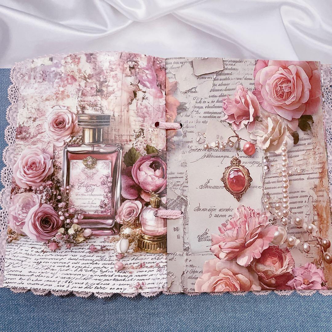 コラージュ帳 ノート ジャンクジャーナル 雑記帳 土台 香水瓶 ピンク