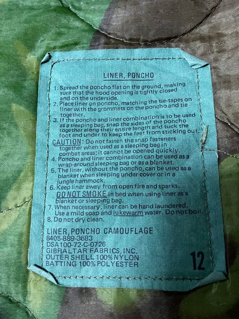 米軍実物 1972年度会計品 ERDL ポンチョライナー