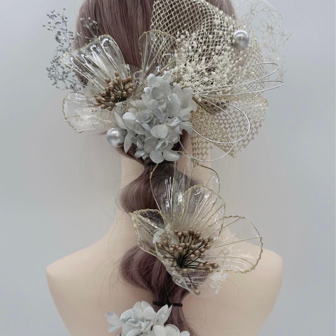 ディップアート髪飾り ヘッドドレス 2024 成人式 卒業式 結婚式 白