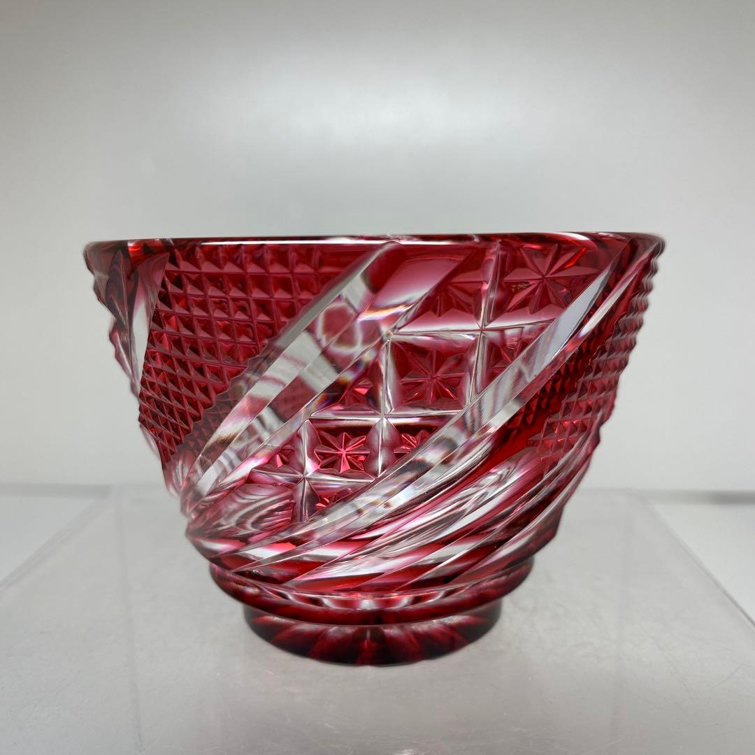 島津磯斎 薩摩切子 ねじり彫 切子小鉢 共箱 h5.7cm/口径7.9cm