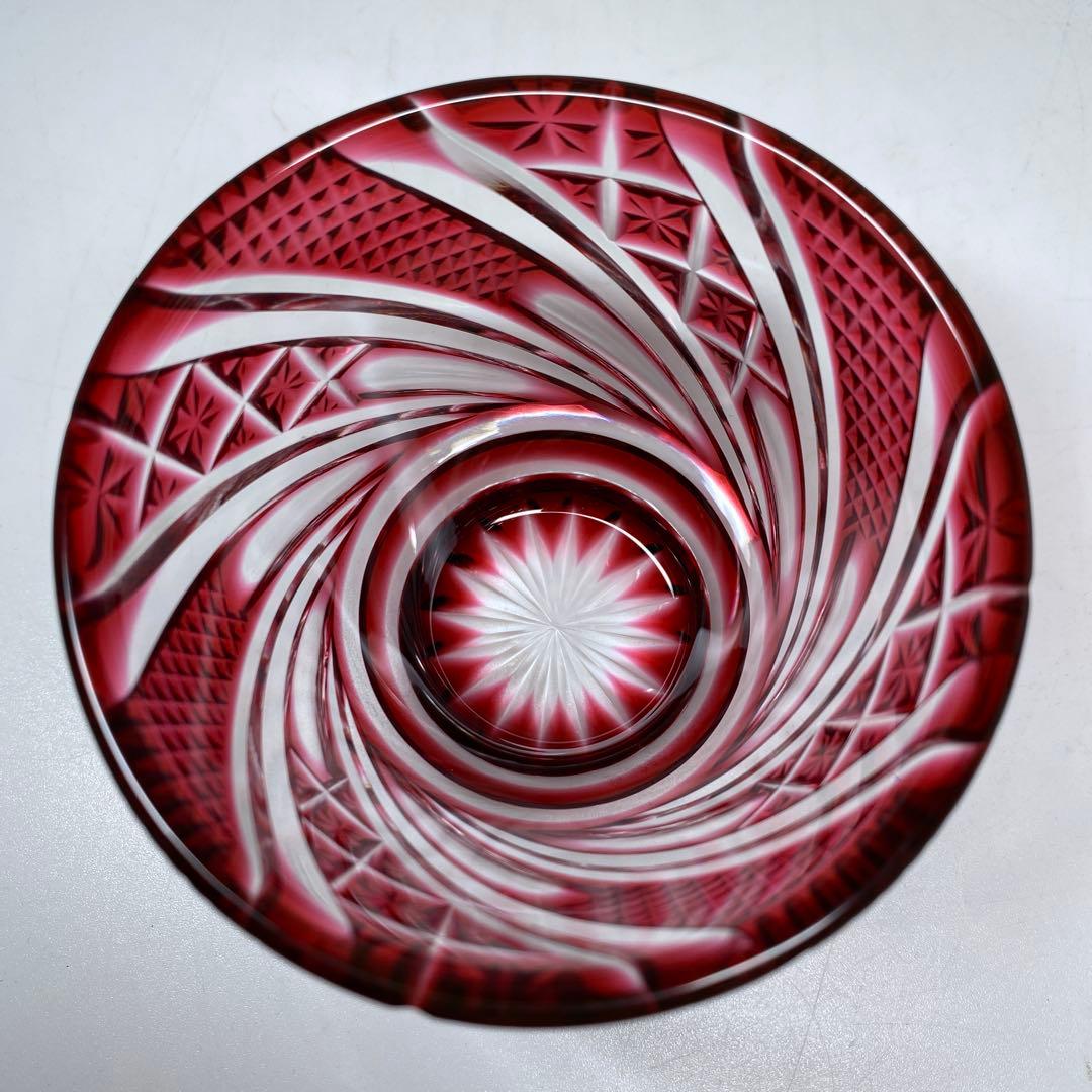 島津磯斎 薩摩切子 ねじり彫 切子小鉢 共箱 h5.7cm/口径7.9cm