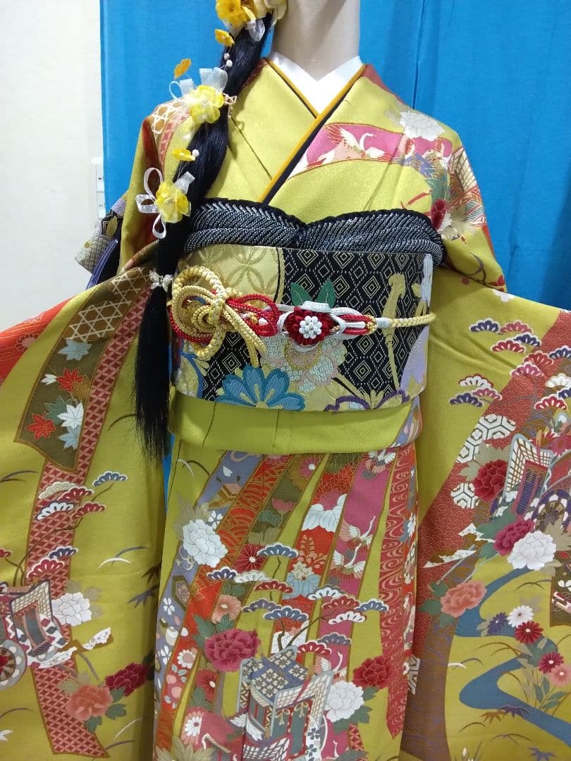 振袖フルセット、正絹振袖成人式、重ね衿帯揚げ帯締め、西陣袋帯、襦袢、ガード加工