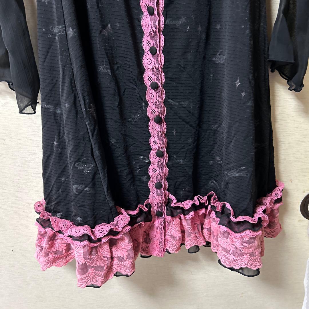 H .NAOTO レース装飾ワンピース 黒とピンク