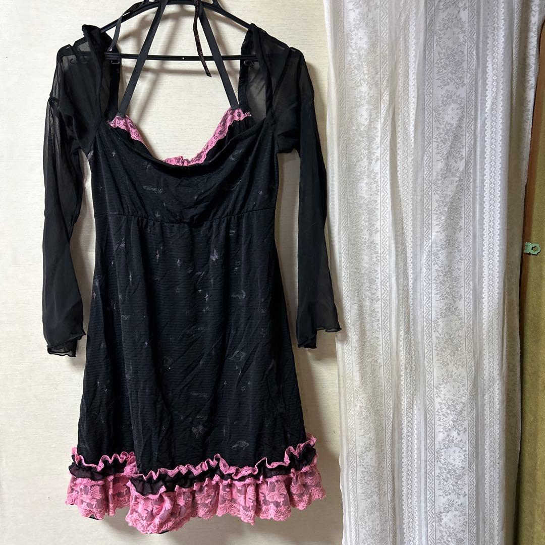 H .NAOTO レース装飾ワンピース 黒とピンク