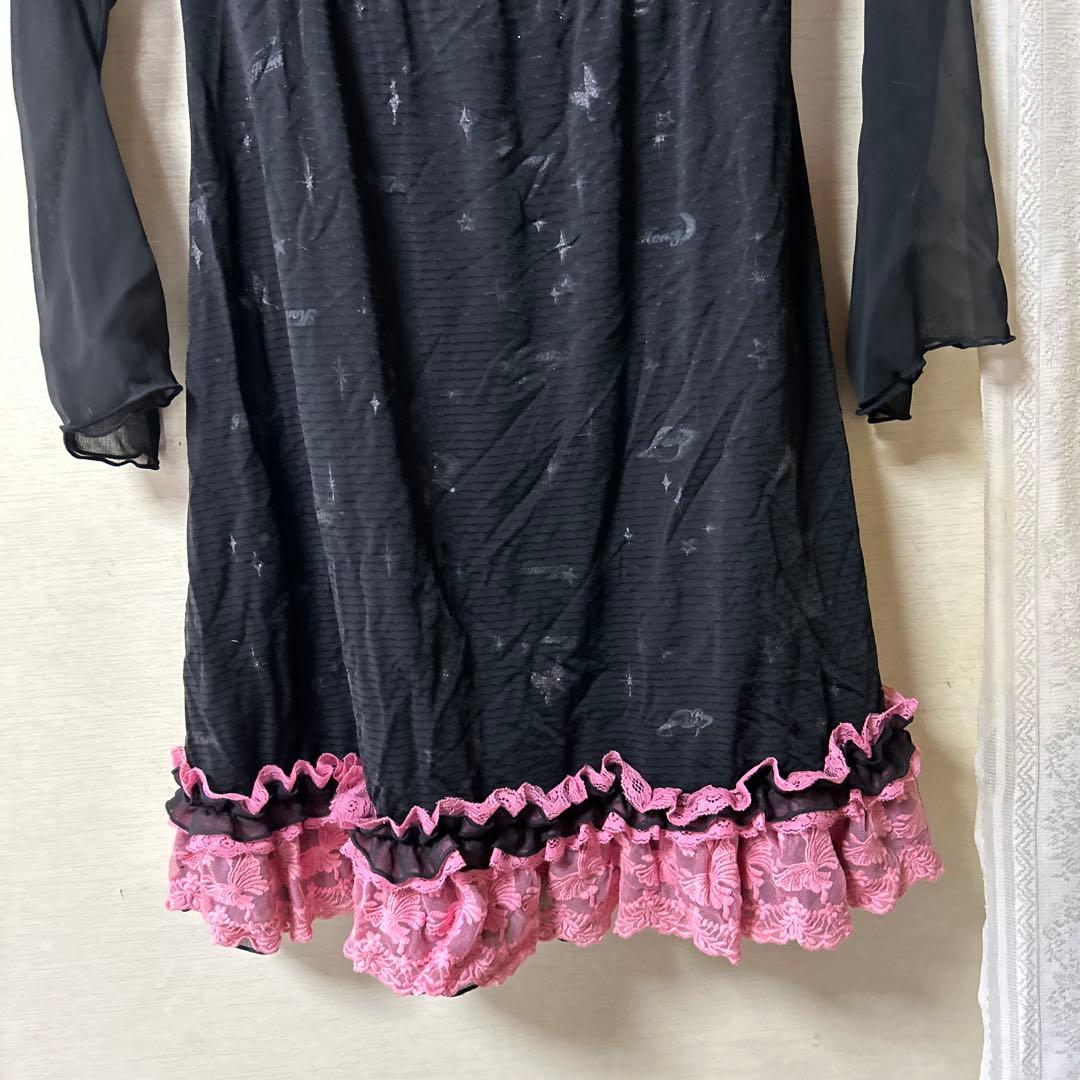 H .NAOTO レース装飾ワンピース 黒とピンク