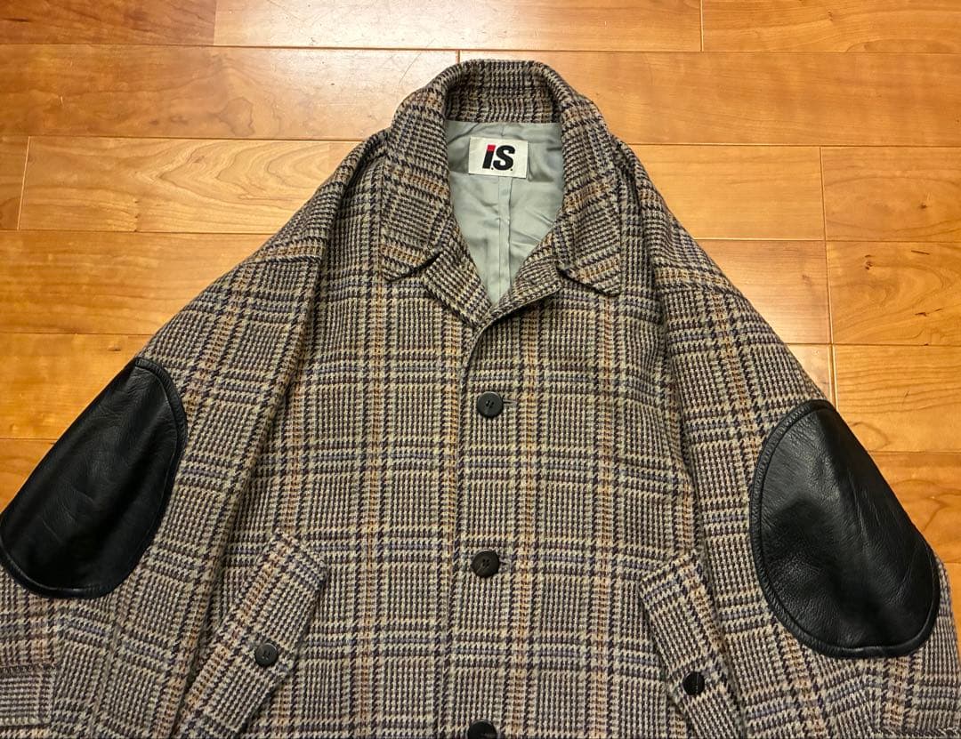 希少　I.S. イッセイミヤケ チェック柄 ウールコート エルボーパッチ　M