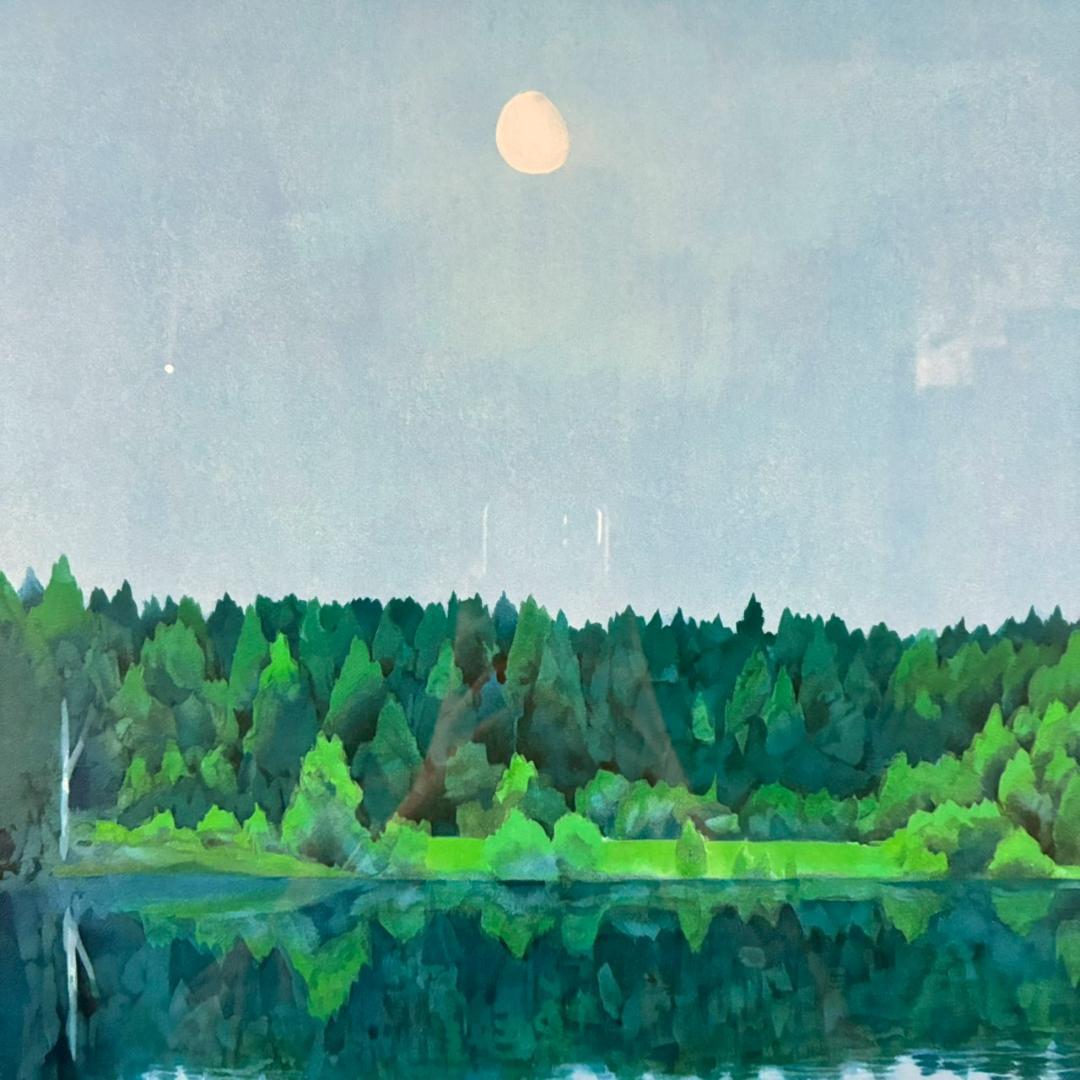 美品 東山魁夷「二つの月 スケッチ」新復刻画 証明シール・ 東山すみ監修印有