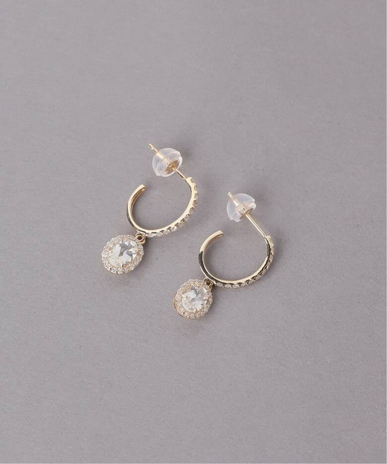 ホワイトトパーズメレダイヤC型ピアス K10（両耳）