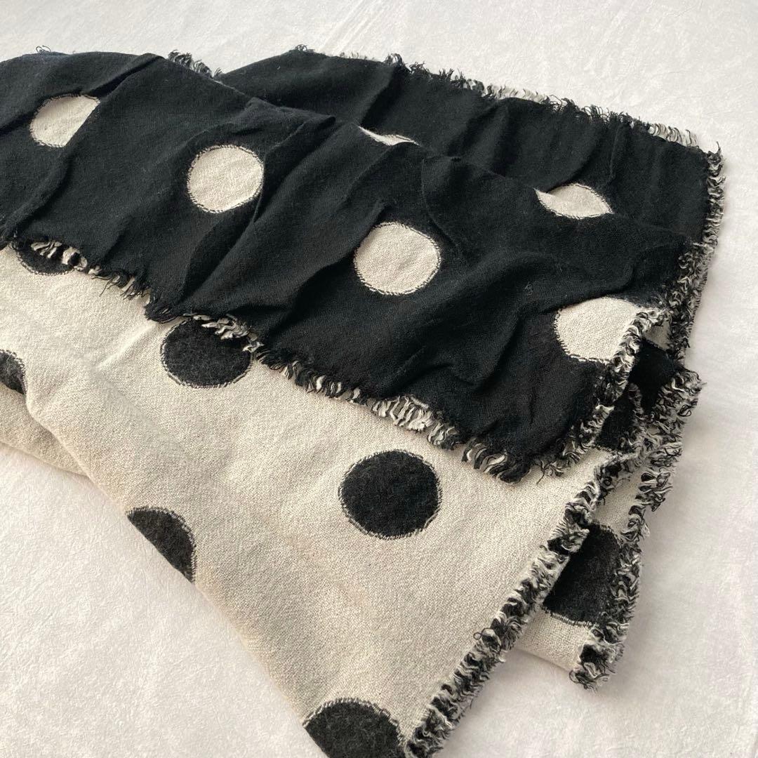 ワイズ Y's 大判 ストール マフラー ドット柄 リネン混 フリンジ シワ加工