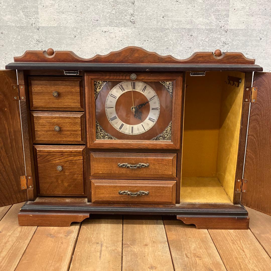 ジャンク品 アンティーク 木製 引き出し付 置時計 ジュエリーボックス 小物入れ