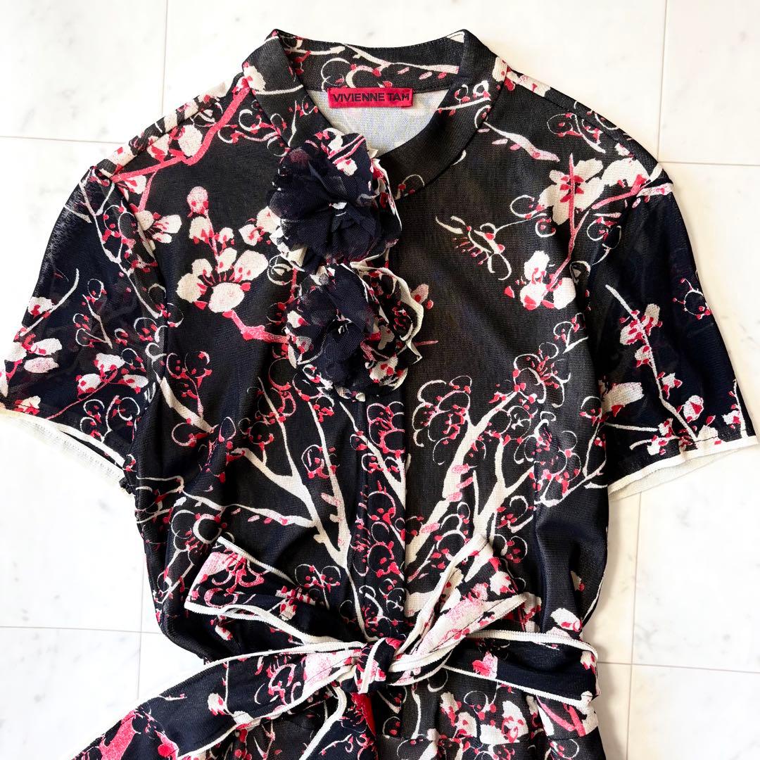 美品 ヴィヴィアンタム マオカラー 梅花柄 パワーネット チャイナドレス 香港製